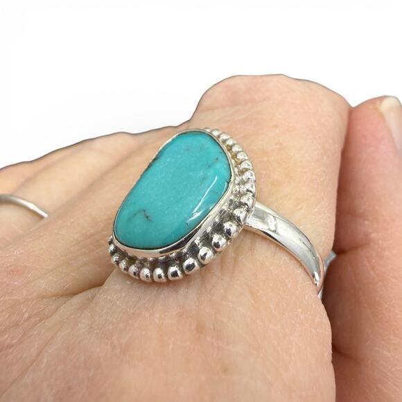 Blue Turquoise Ring Solid 925 Sterling Silver Size 8 Artisan Handmade - Picture 3 of 6